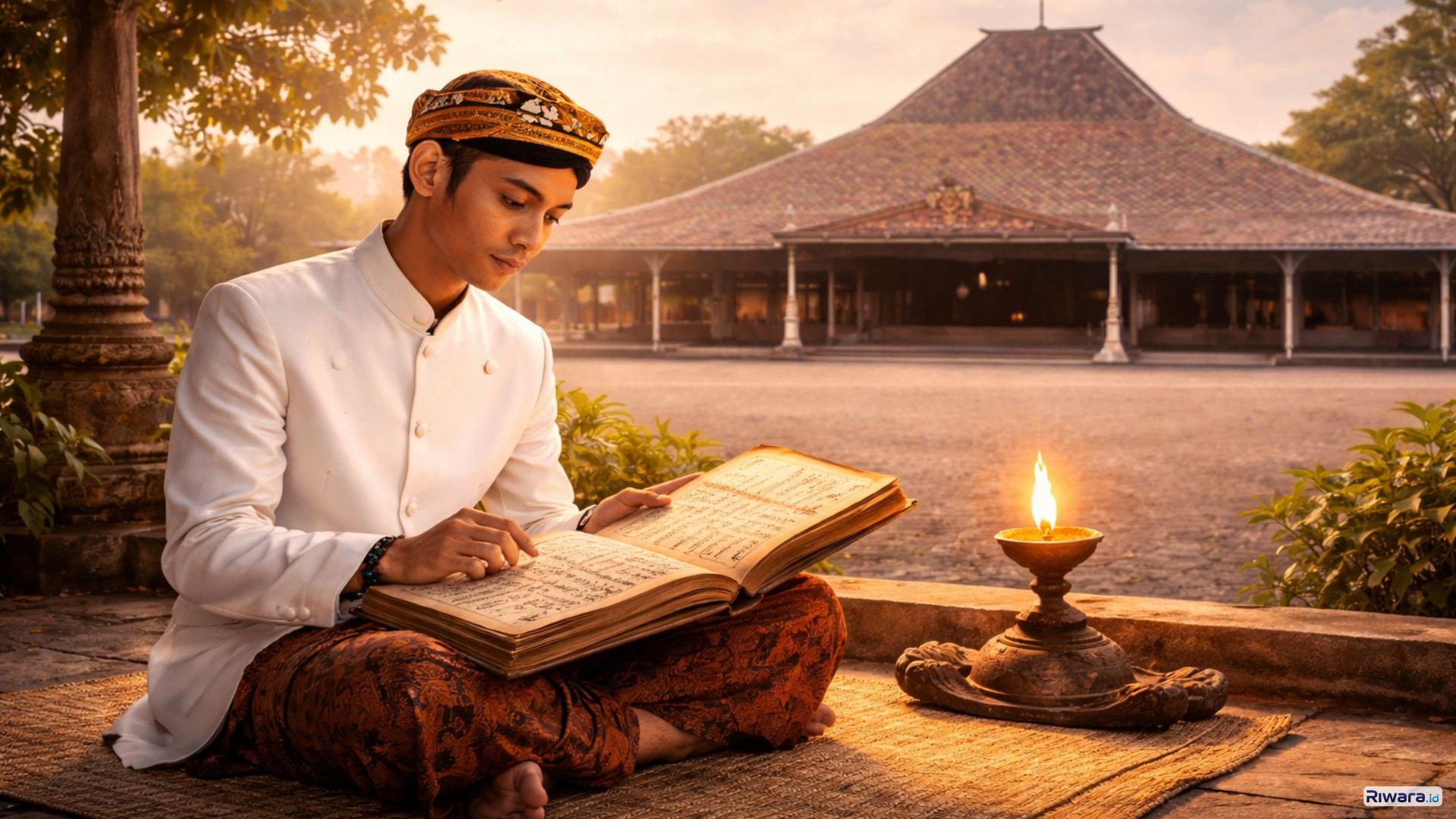 Ilustasi Seorang pria Jawa membaca naskah kuno di lingkungan Pura Mangkunegaran, menggambarkan upaya memahami ajaran mendalam dalam Serat Wedhatama karya KGPAA Mangkunegara IV.